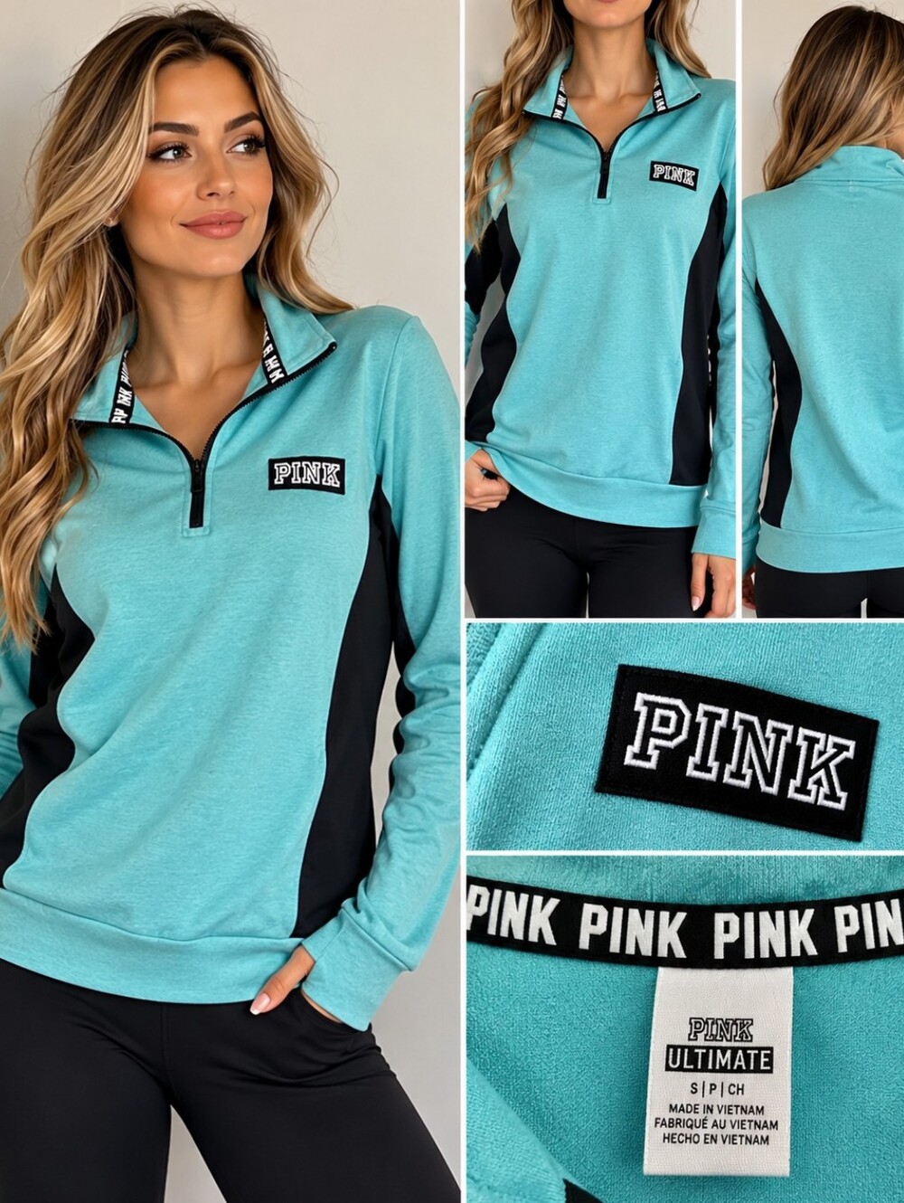 Victoria's Secret PINK Ultimate Quarter Zip Pullover Teal Black Colorblock SP